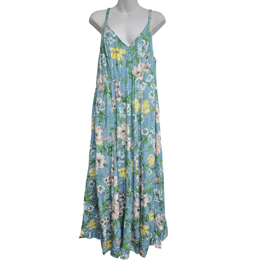 Torrid Blue Floral Maxi‎ Dress Size 1 V-Neck Adjustable Straps Sleeveless Resort
